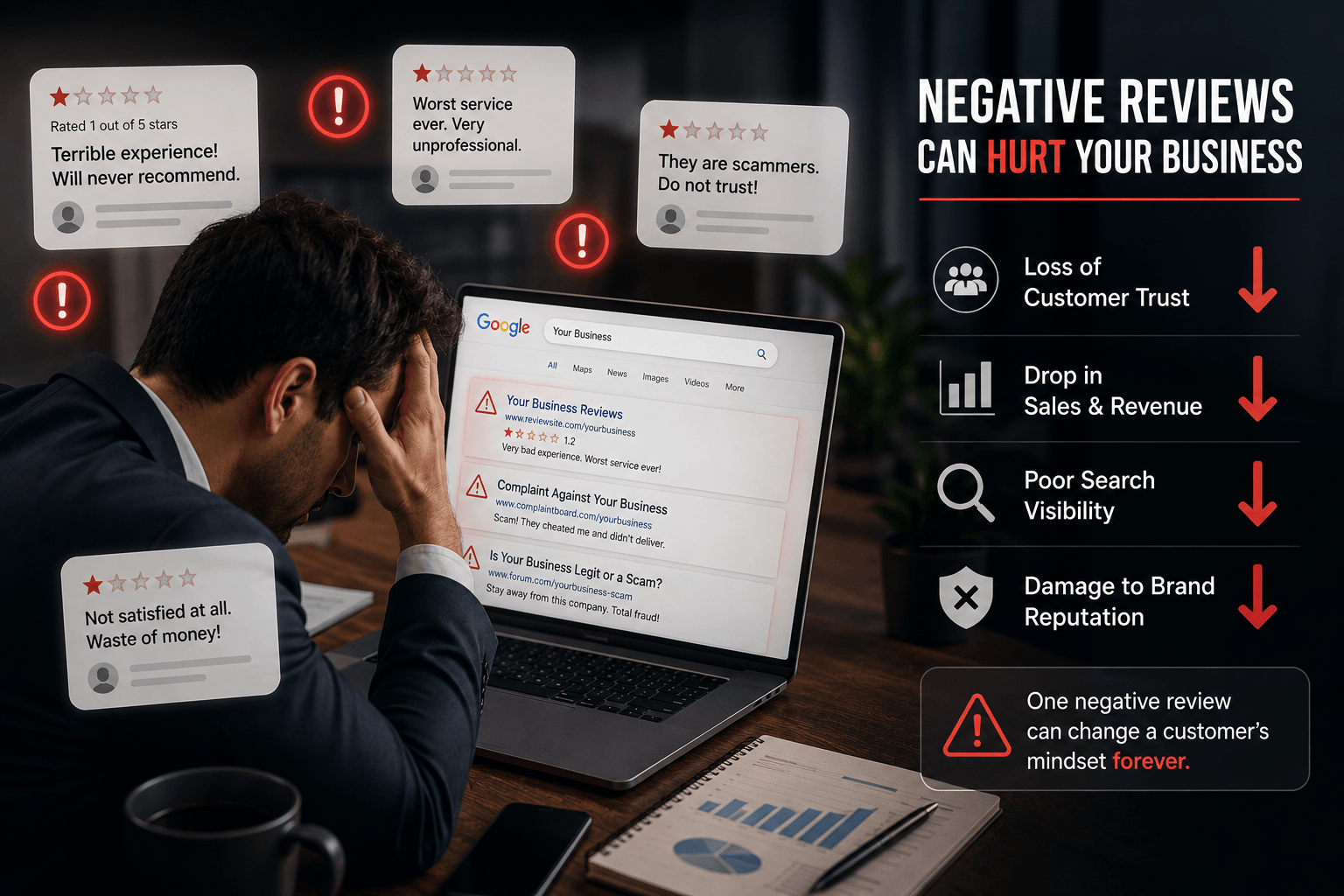 Negative online reviews affecting business reputation